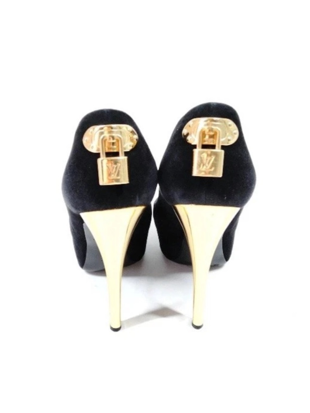 Louis Vuitton Oh Really! Black Suede Peep Toe Heels with Gold LV Padlock Accents